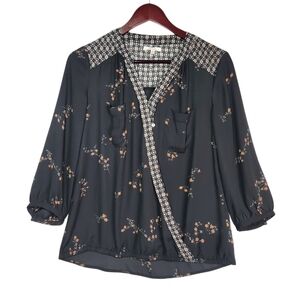 Maurices Flowy Black Floral Faux-Wrap Blouse Boho Whimsigoth Fairy 3/4 Sleeve Sm